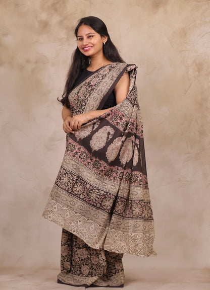 Black Hand Block Printed Kalamkari Cotton Saree | Looms & Tassels