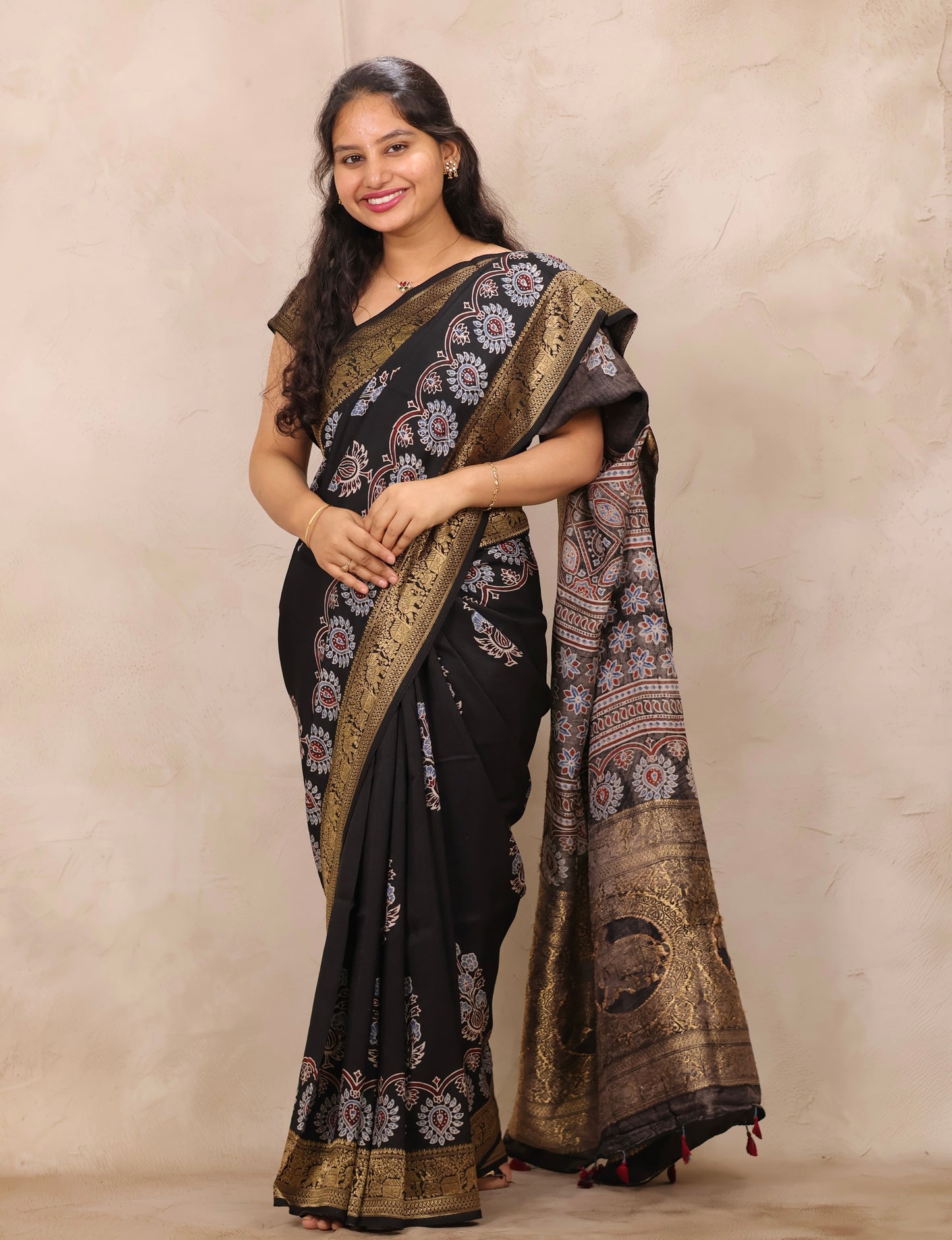 Black Ajrakh Handblock printed Dola Silk Saree | Looms & Tassels