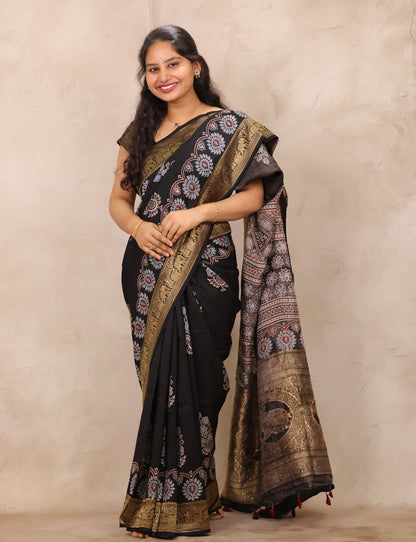 Black Ajrakh Handblock printed Dola Silk Saree | Looms & Tassels