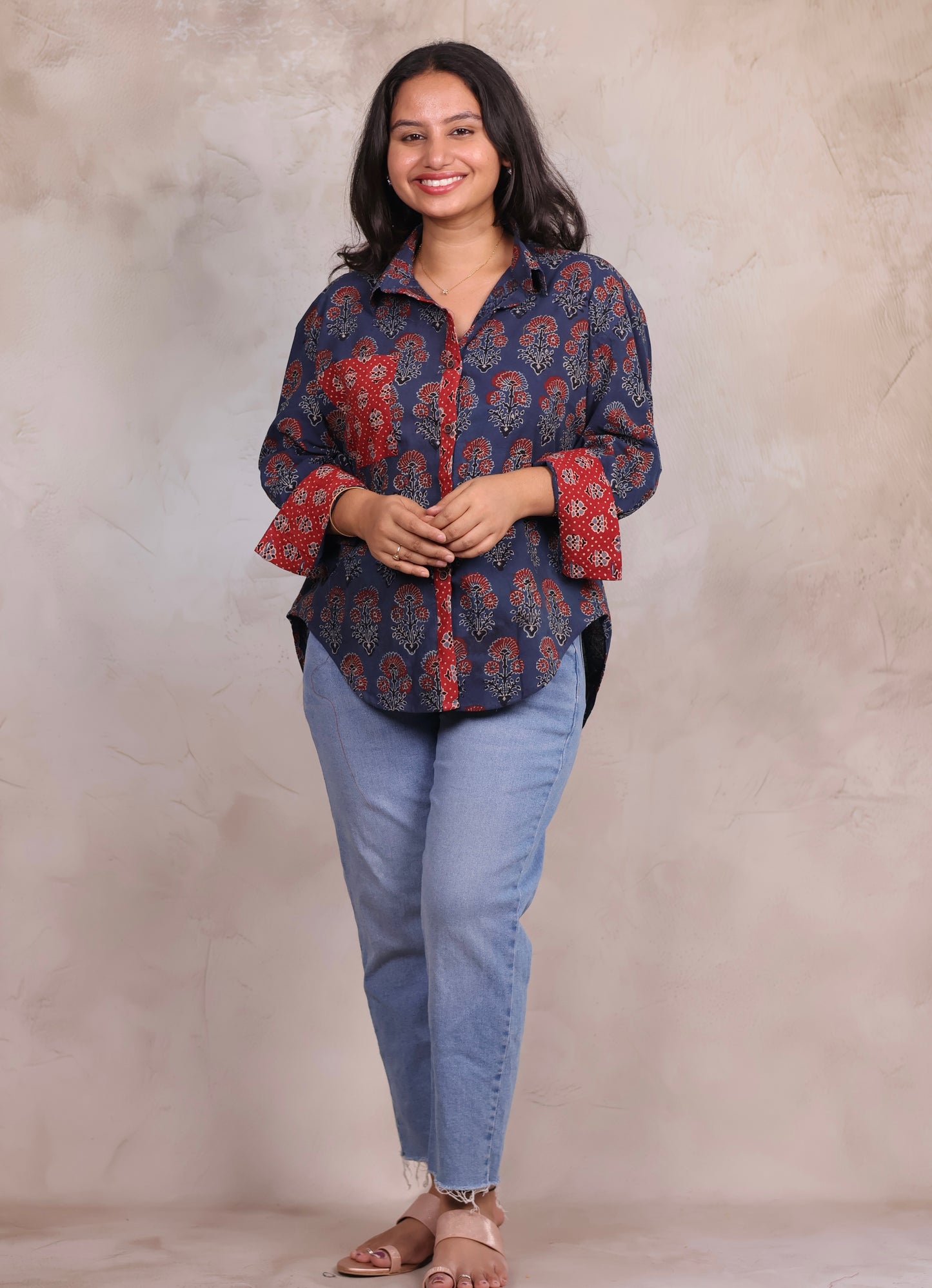 Indigo Ajrakh Handblock Printed Patch Work Shirt (Pure Cotton ) | Looms & Tassels