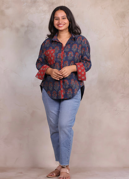 Indigo Ajrakh Handblock Printed Patch Work Shirt (Pure Cotton ) | Looms & Tassels