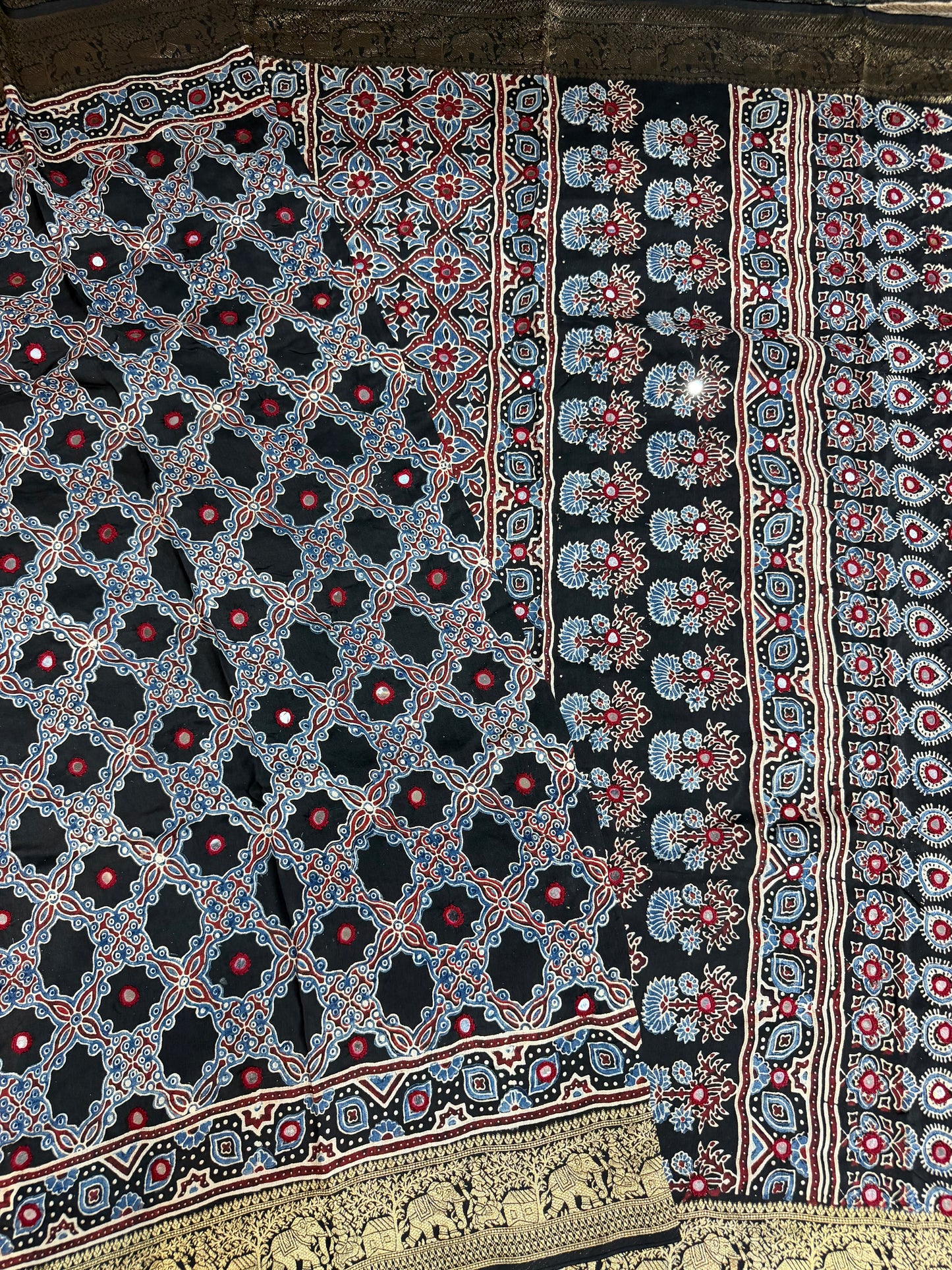 Black Handcrafted Ajrakh Dola Silk Saree with Authentic Banjara Mirror Work | Looms & Tassel (Copy)