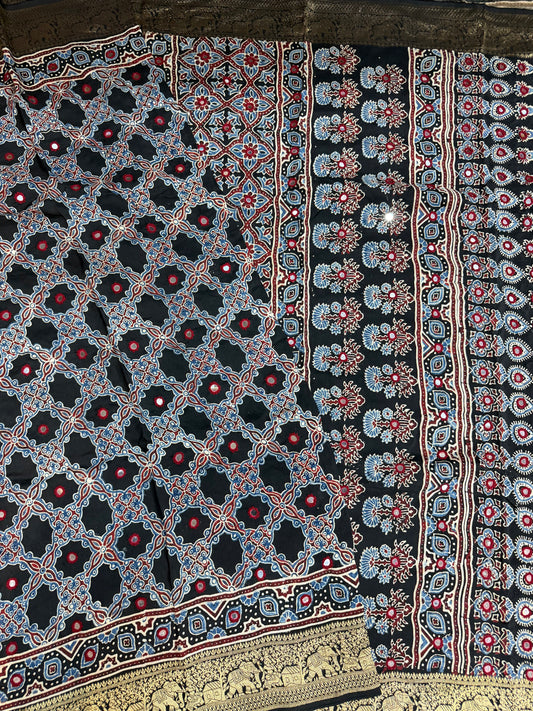 Black Handcrafted Ajrakh Dola Silk Saree with Authentic Banjara Mirror Work | Looms & Tassel (Copy)