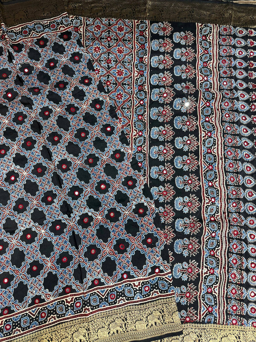 Black Handcrafted Ajrakh Dola Silk Saree with Authentic Banjara Mirror Work | Looms & Tassel (Copy)