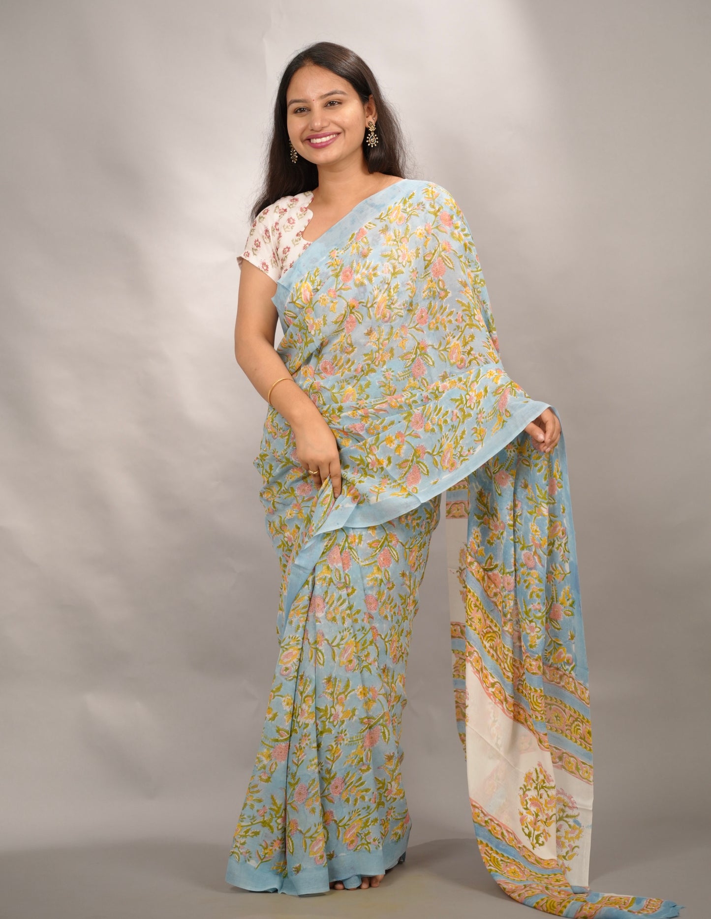 Sky Blue Georgette Hand Block Printed Saree| Looms & Tassels