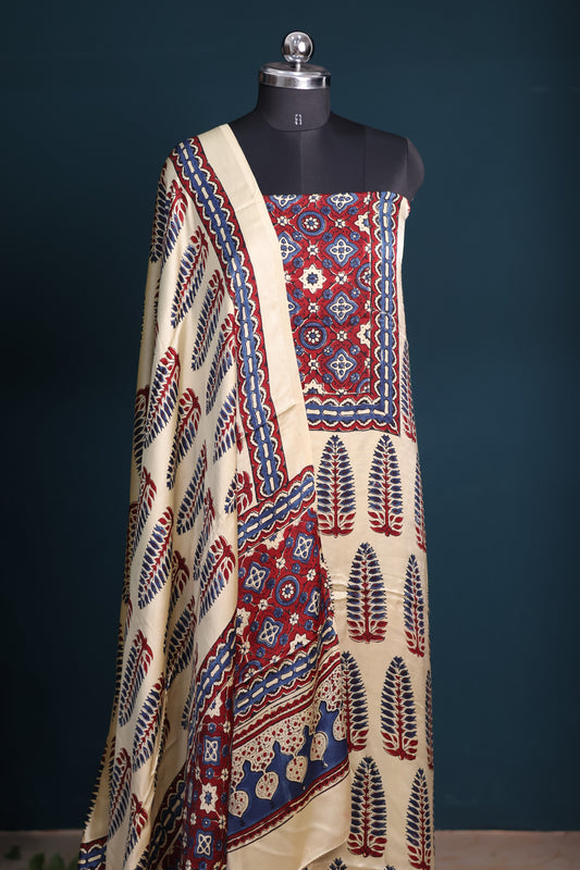 Cream Handblock printed Ajrakh modal silk 2 piece suit set