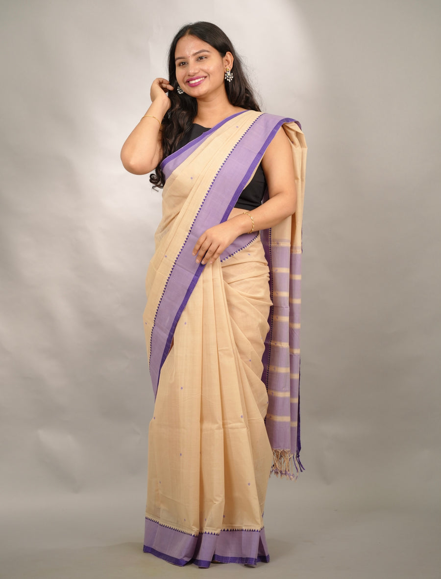 Cream Handloom Venkatagiri Cotton Saree Without Blouse | Looms & Tassels