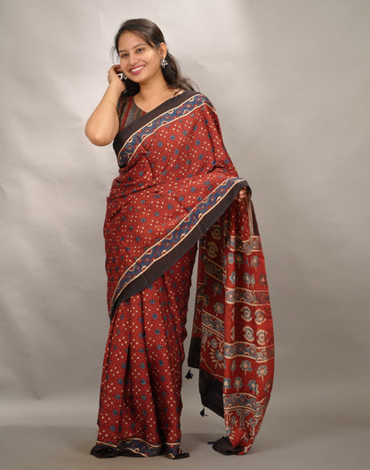 Maroon Authentic Ajrakh Handblock Printed Modal Silk Saree | Looms & Tassels