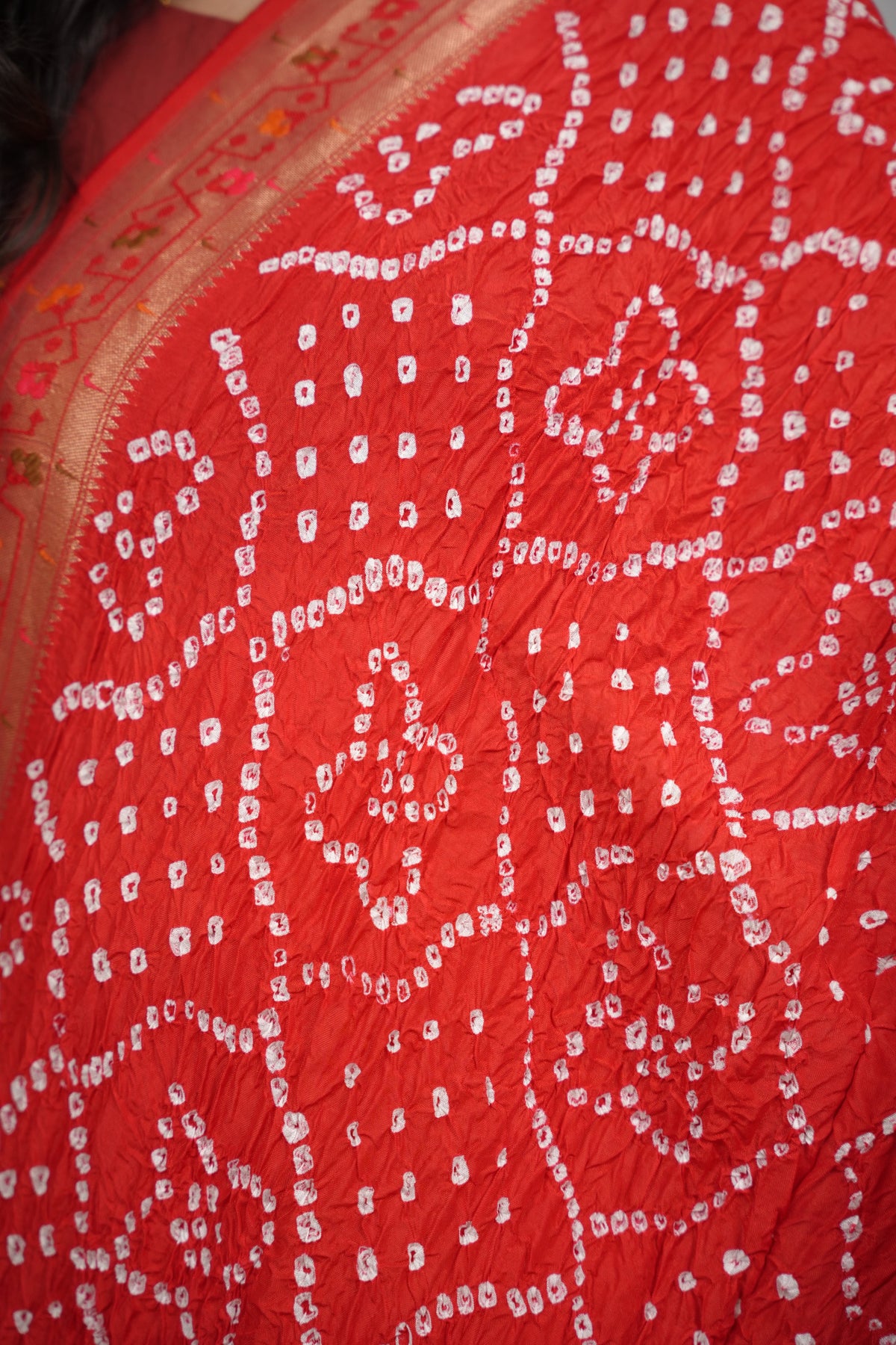 Red Handcrafted Pattern Bandhani Paithani Dola Silk Saree | Looms & Tassels