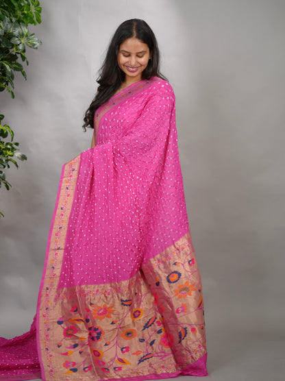Pink Handcrafted Bandhani Paithani Dola Silk Saree | Looms & Tassels