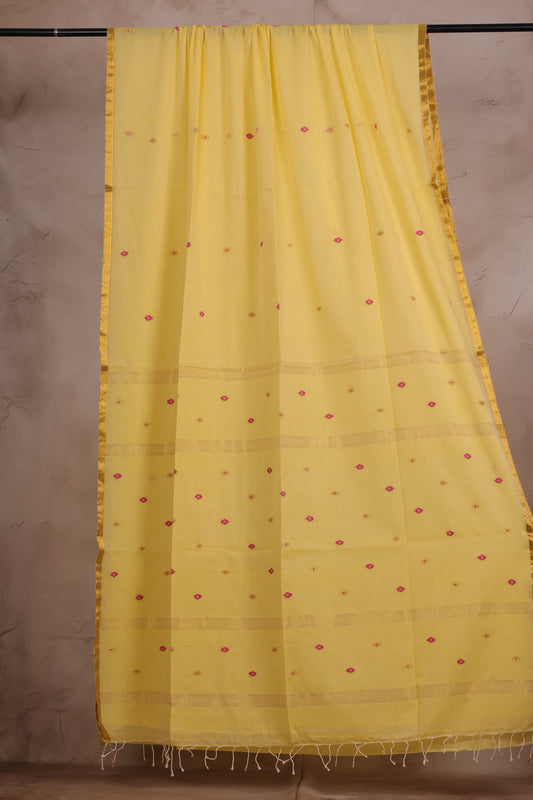 Yellow Pure Handwoven Mercerised Cotton Saree with Mina Jari Butta Weaving
