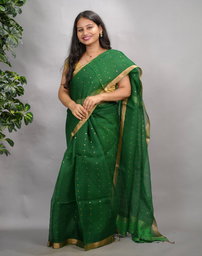 Bottle Green Handwoven Muslin Silk Saree With Sequence Work | Looms & Tassels