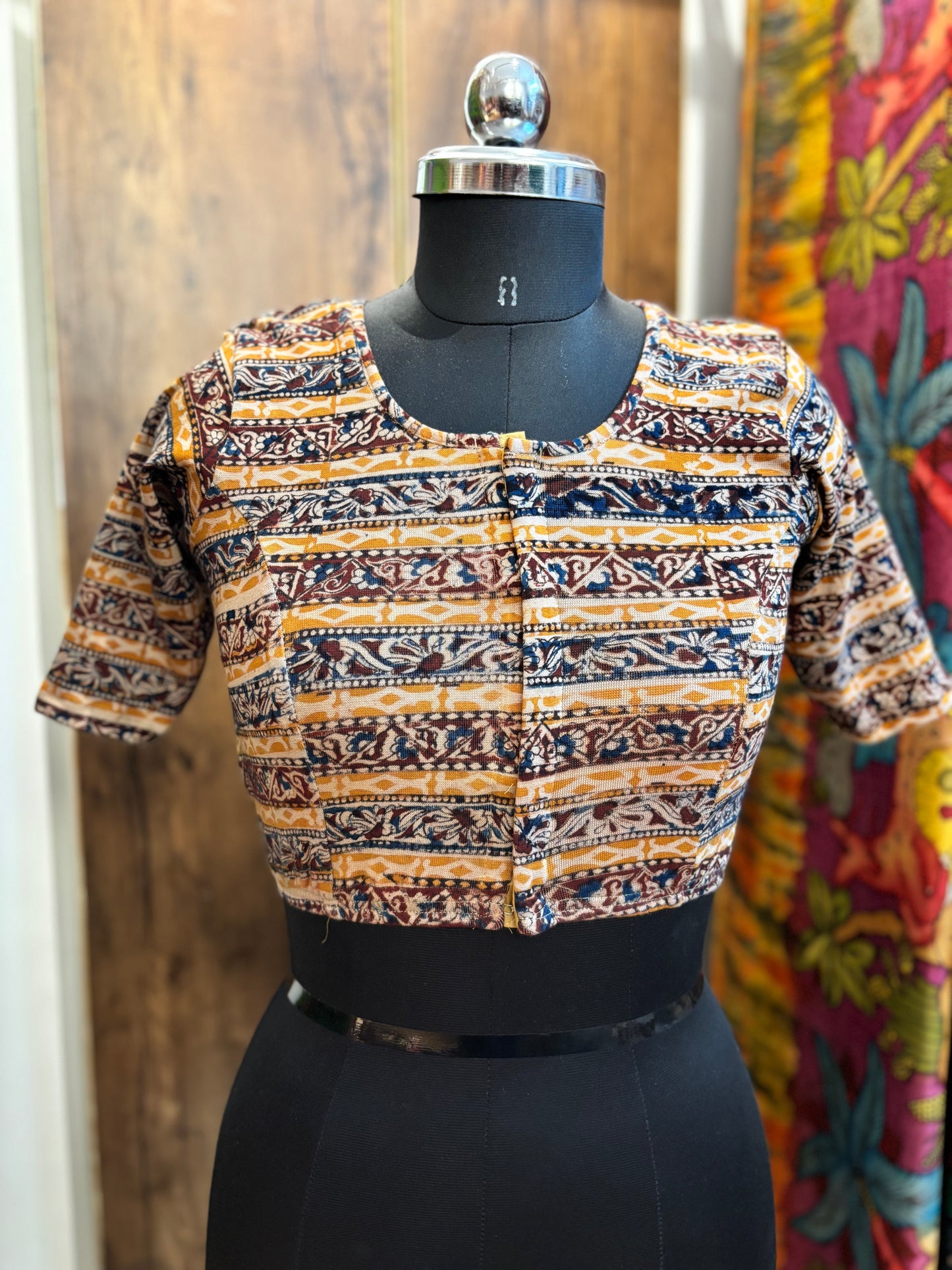 Round neck Stretchable Hand block printed kalamkari blouse with front hooks