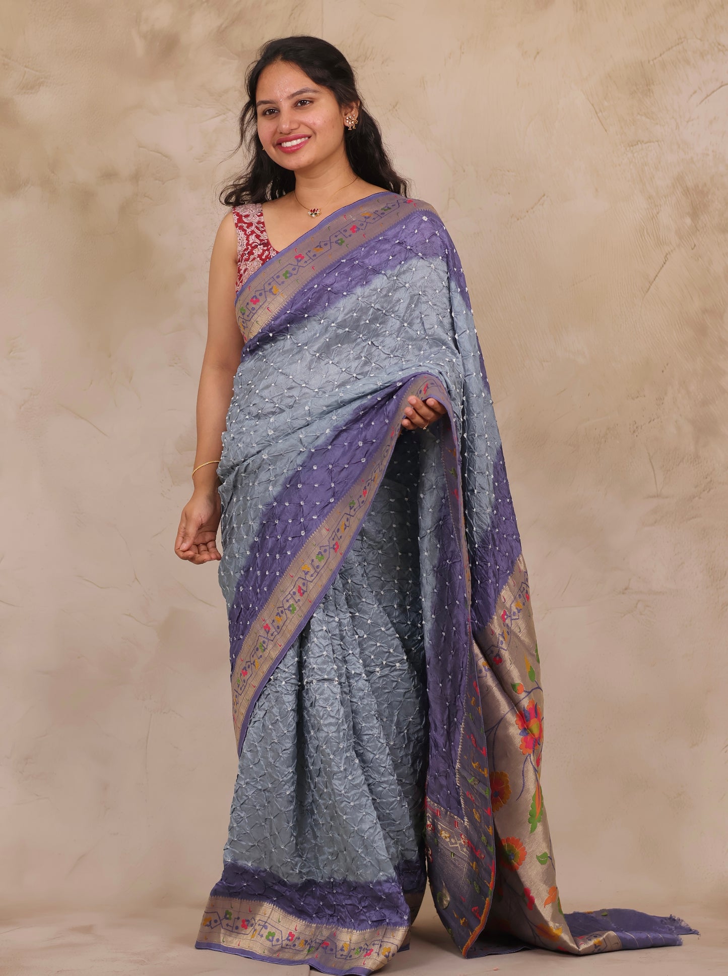 Blue & Grey Handcrafted Bandhani Paithani Dola Silk Saree | Looms & Tassels