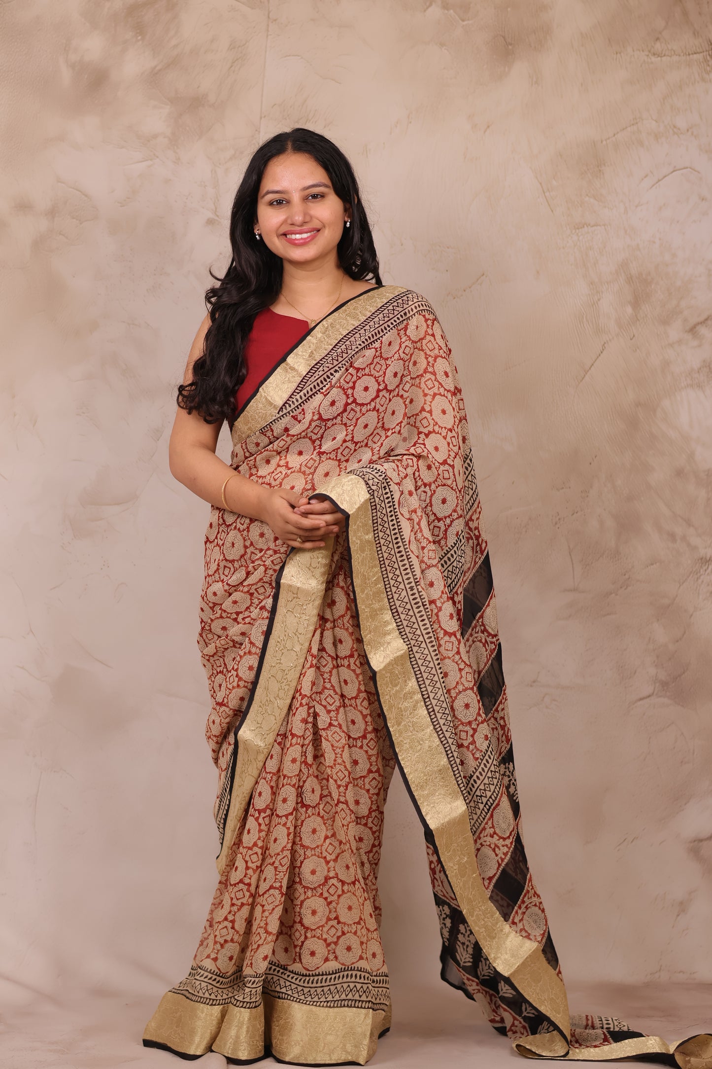 Maroon Chiffon Hand Block Printed Saree with Jari Border | Looms & Tassels