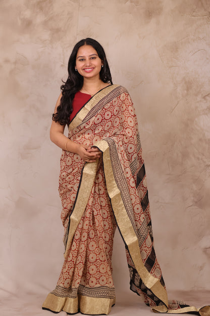Maroon Chiffon Hand Block Printed Saree with Jari Border | Looms & Tassels