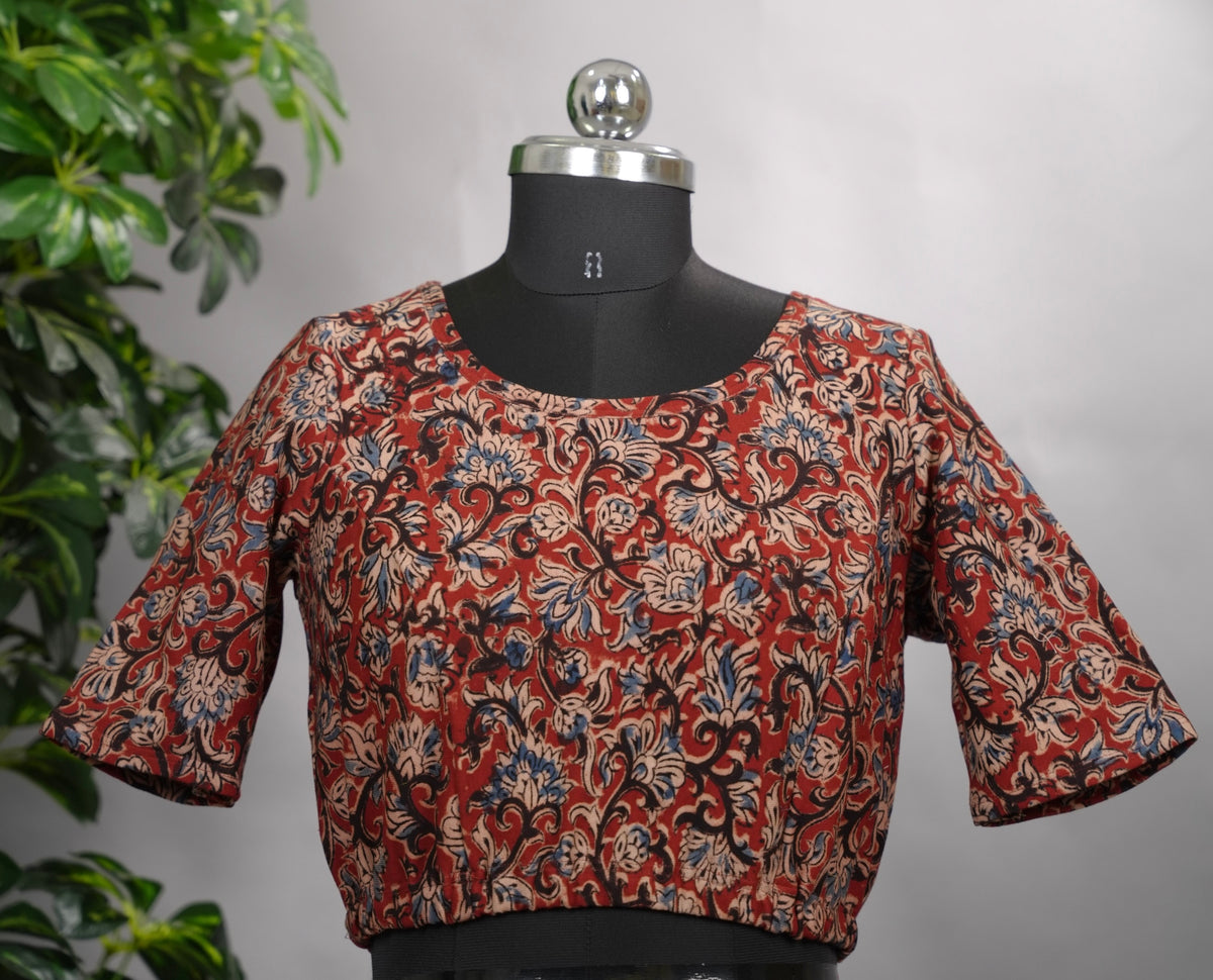 Maroon Boat Neck Stretchable Hand block printed kalamkari blouse