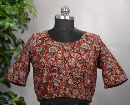 Maroon Boat Neck Stretchable Hand block printed kalamkari blouse