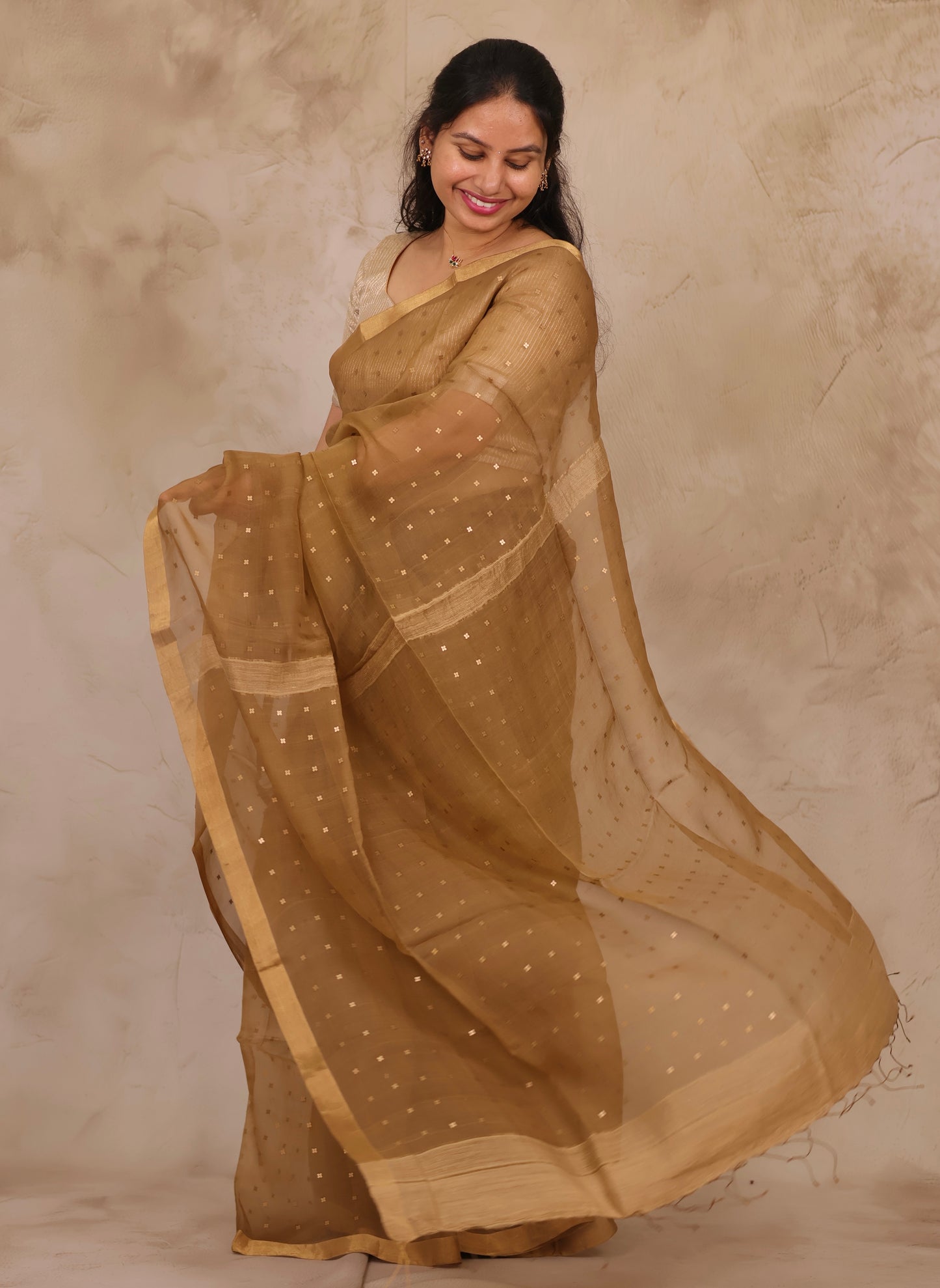 Mustard Brown Handwoven Muslin Silk Saree With Sequence Work | Looms & Tassels