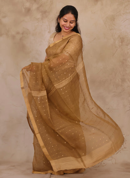 Mustard Brown Handwoven Muslin Silk Saree With Sequence Work | Looms & Tassels