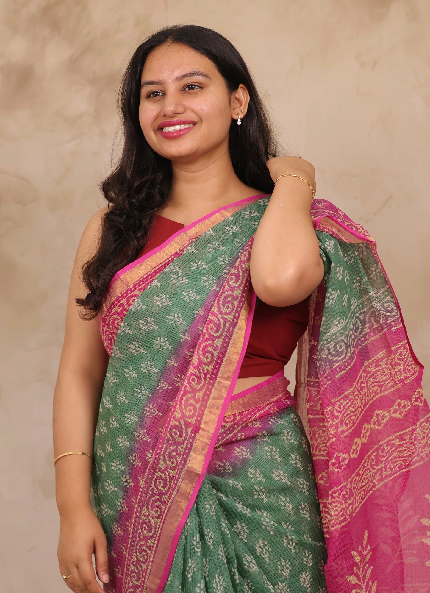 Green & Pink Pure Kota Doria Saree with Bagru Handblock Prints | Looms & Tassels