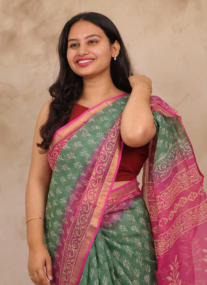Green & Pink Pure Kota Doria Saree with Bagru Handblock Prints | Looms & Tassels