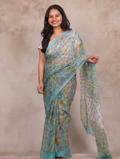 Ice Blue Chiffon Hand Block Printed Saree | Looms & Tassels