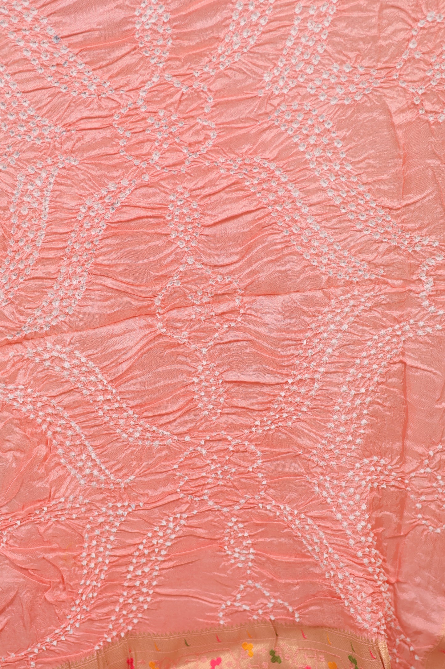 Peach Handcrafted Pattern Bandhani Paithani Dola Silk Saree | Looms & Tassels
