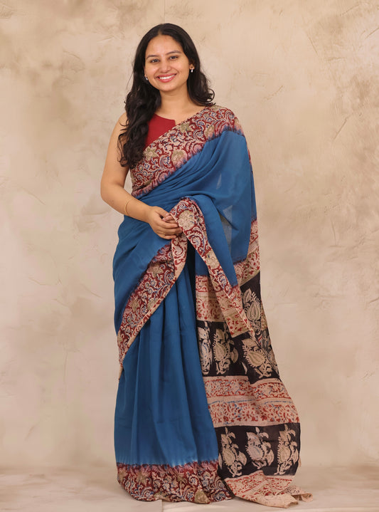 Cyan Blue Hand Block Printed Kalamkari Cotton Saree | Looms & Tassels