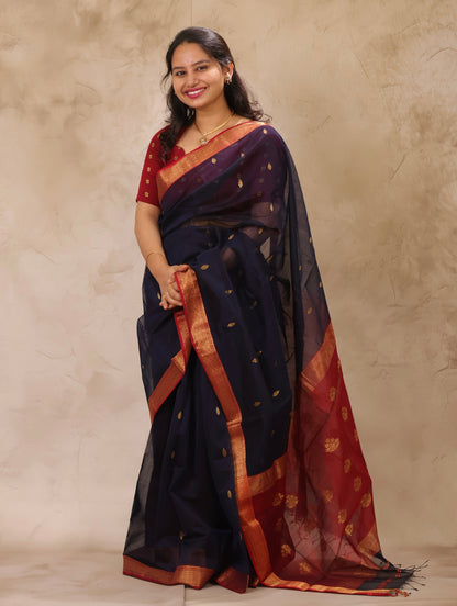 Dark Blue Handloom Maheswari Silk Cotton Sarees | Looms & Tassels