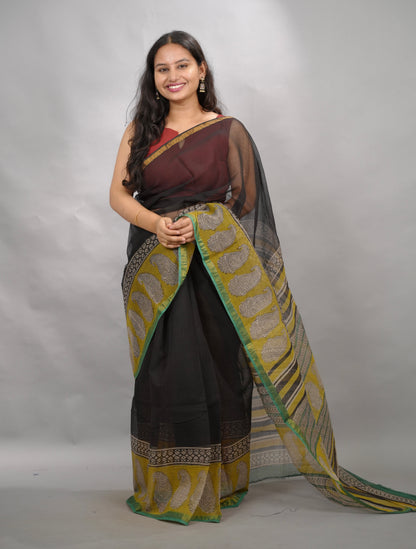 Black & Yellow Pure Kota Doria Saree with Bagru Handblock Prints | Looms & Tassels