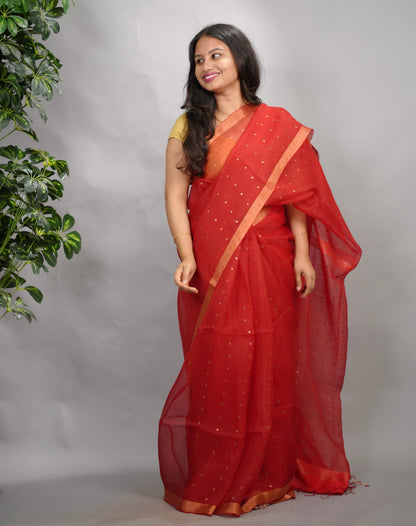 Red Handwoven Muslin Silk Saree With Sequence Work | Looms & Tassels