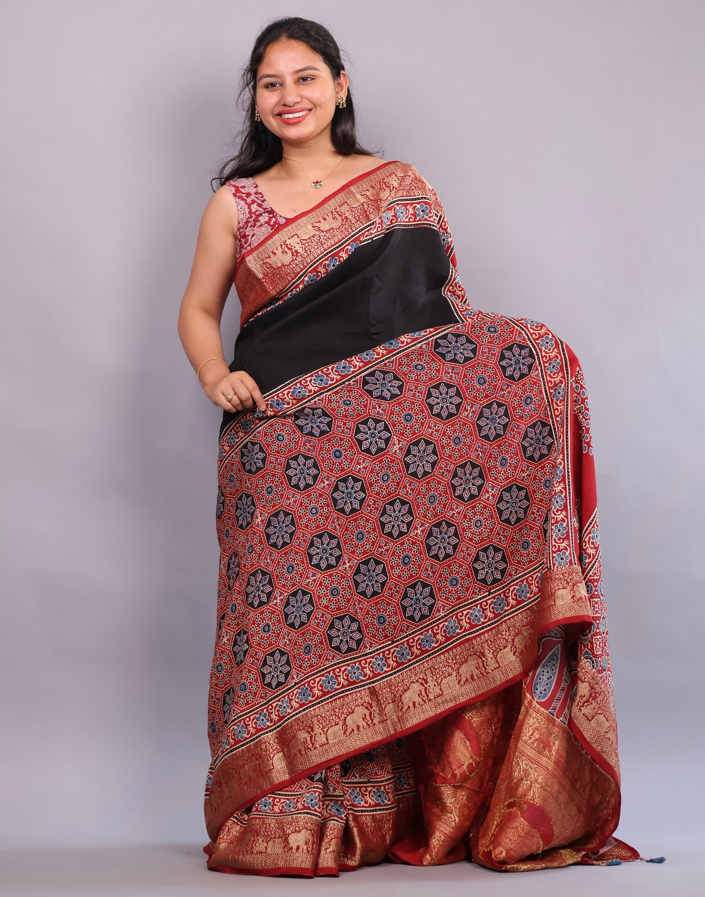 Black & Red Ajrakh Handblock printed Dola Silk Saree | Looms & Tassels