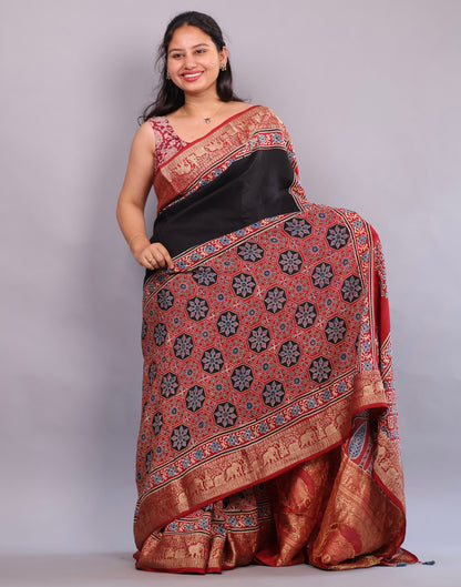 Black & Red Ajrakh Handblock printed Dola Silk Saree | Looms & Tassels