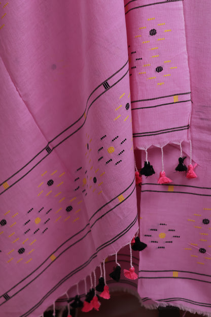 Pastel Pink Handwoven Jamdhani weaving pure Malai cotton 2 piece suit sets | Looms & Tassels