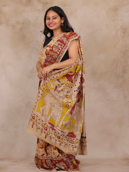 Cream Kalamkari Cotton Saree