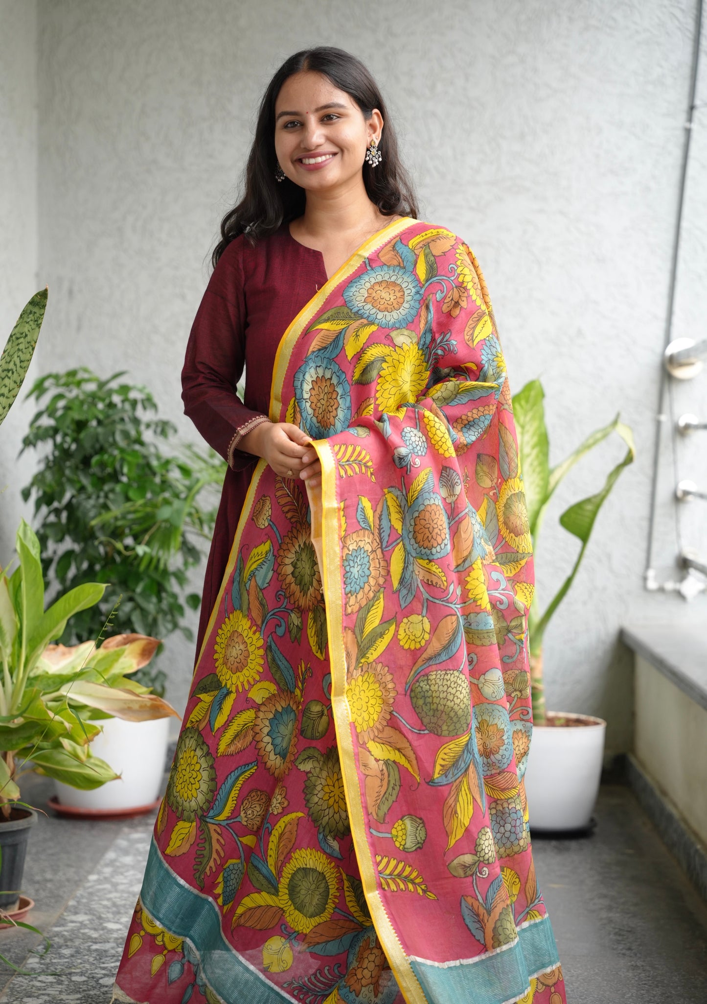 Pink Pen Kalamkari Mangalagiri silk Dupatta