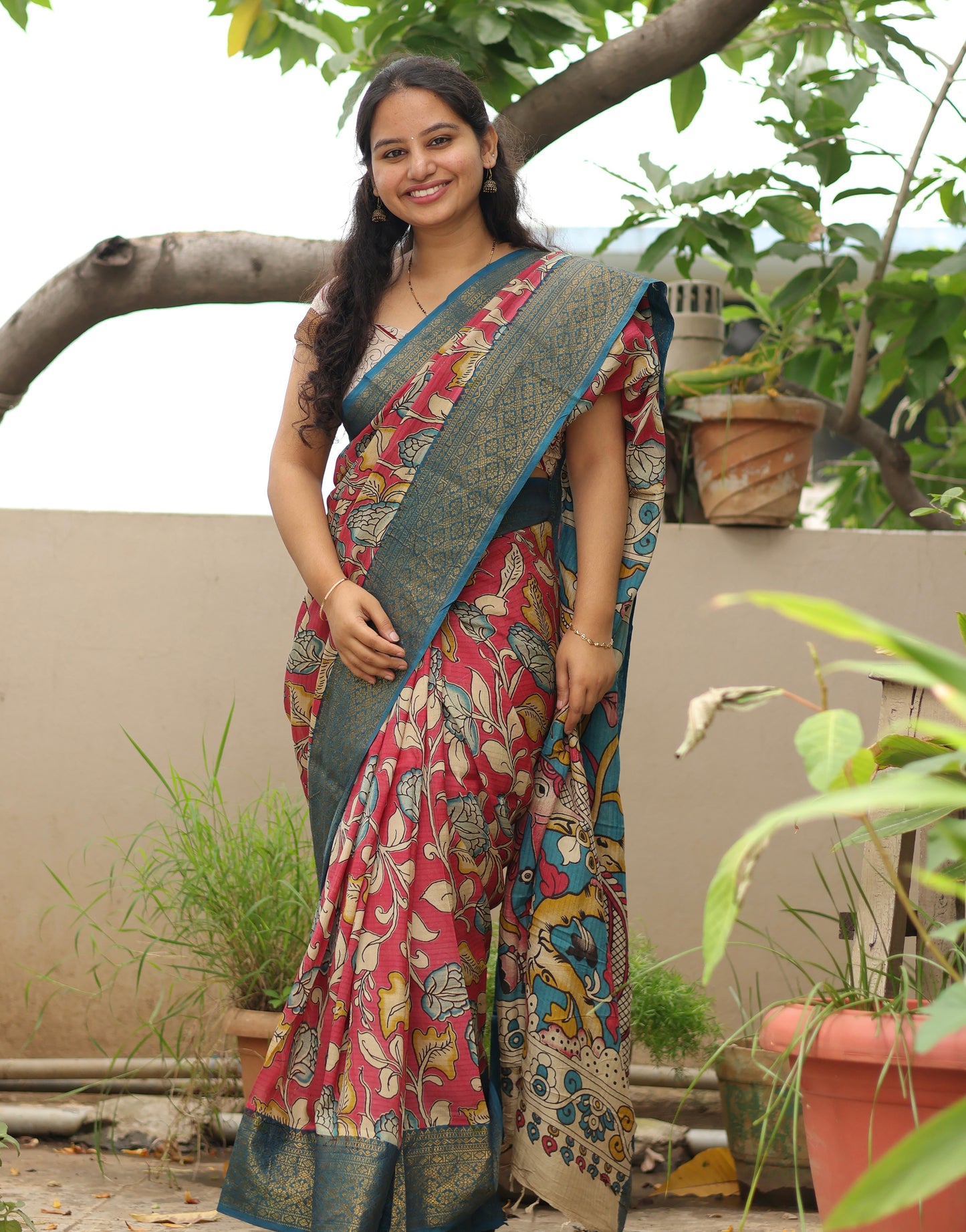 Pink Kanchi border Kalamkari chennur silk saree