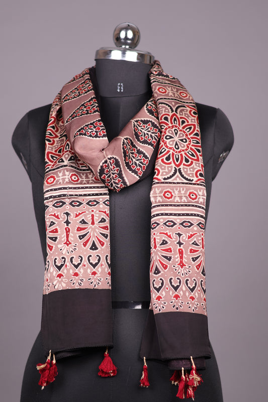 Ajrakh Hand Block Printed Modal Silk Stole | Looms & Tassels