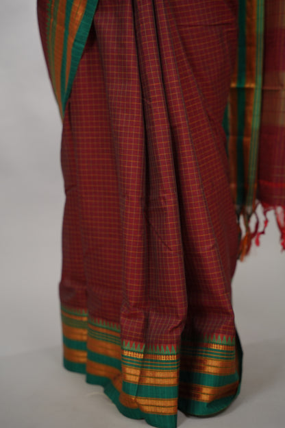 Maroon Checks Narayanpet Cotton Saree with Traditional contrast Border | Looms & Tassels