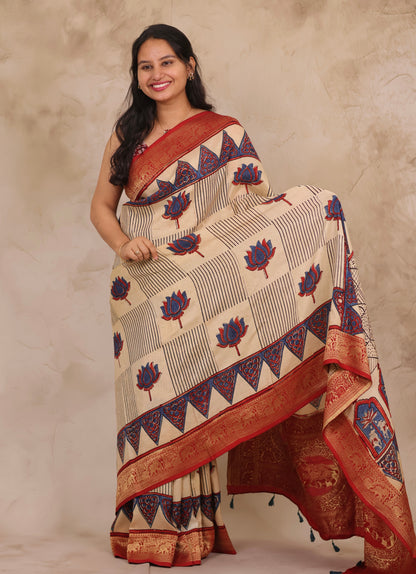 Cream Lotus Ajrakh Handblock printed Dola Silk Saree | Looms & Tassels