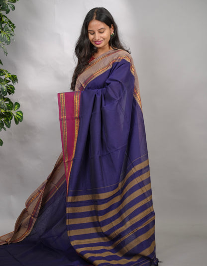 Blue Narayanpet Cotton Saree With Ganga And Jamuna Border | Looms & Tassels