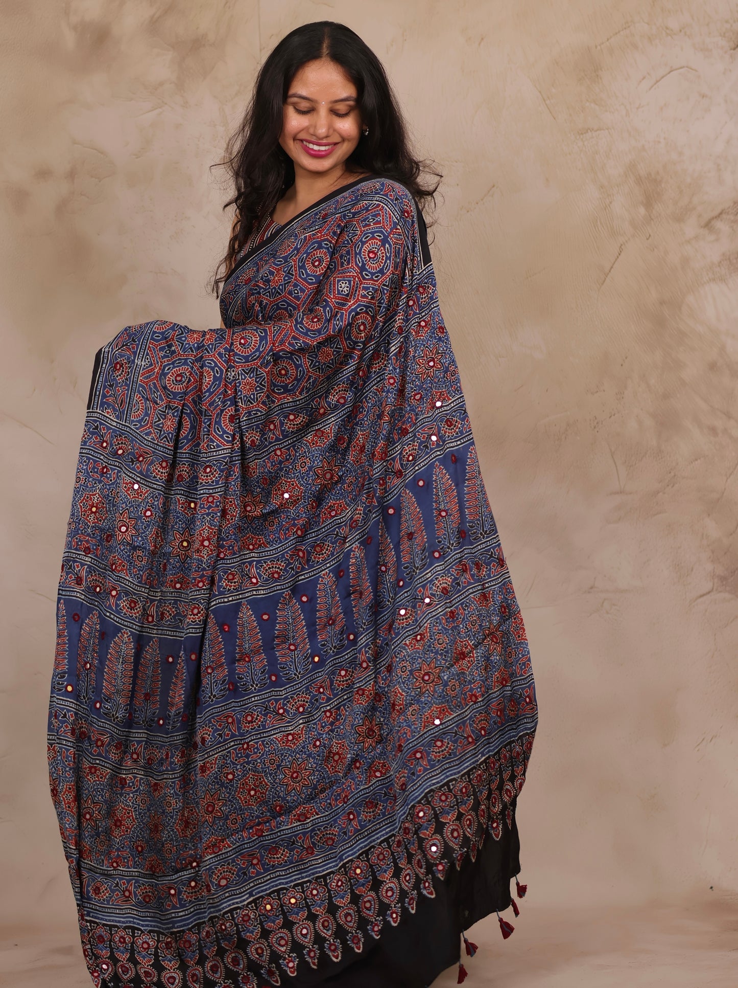Indigo Handcrafted Ajrakh Modal Silk Saree with Authentic Banjara Mirror Work | Looms & Tassels