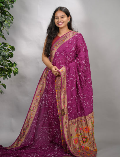 Magenta Handcrafted Pattern Bandhani Paithani Dola Silk Saree | Looms & Tassels
