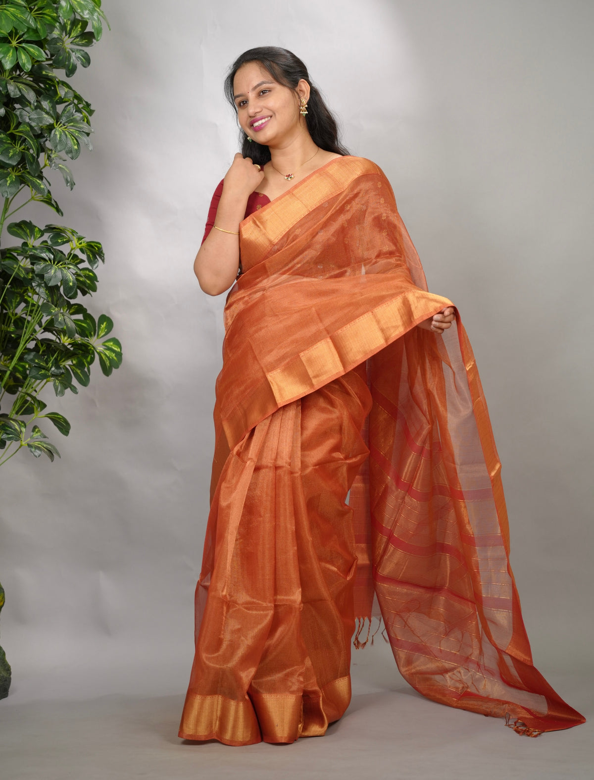 Rust Checks Handloom Maheswari Tissue Silk Cotton Sarees | Looms & Tassels