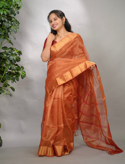 Rust Checks Handloom Maheswari Tissue Silk Cotton Sarees | Looms & Tassels