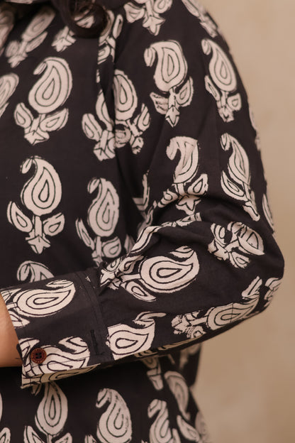 Black Paisley Hand Block Printed Pure Mul Cotton A-Line Shirt Dress | Looms & Tassels