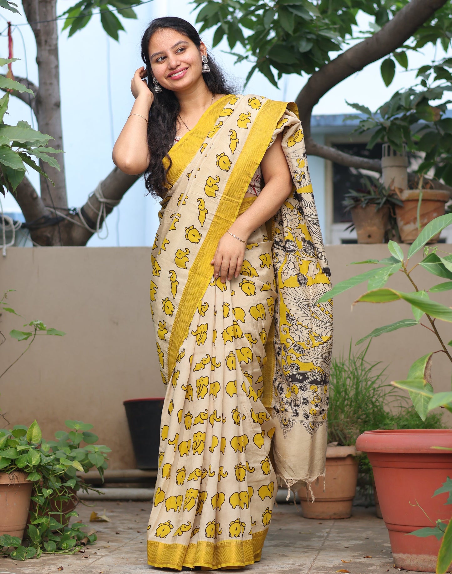 Cream & Yellow Elephant Kalamkari Silk Nizam Border Saree