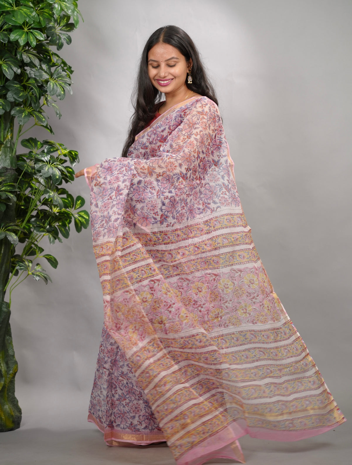 White & Lavender Pure Kota Doria Saree with Bagru Handblock Prints