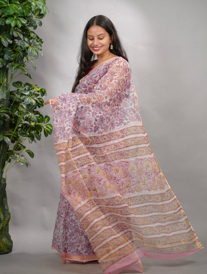 White & Lavender Pure Kota Doria Saree with Bagru Handblock Prints